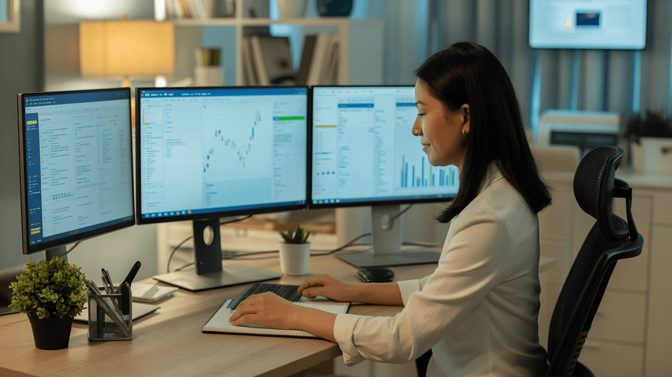This image shows a professional woman seated at a desk in a modern office environment, working on a computer setup with three large monitors.