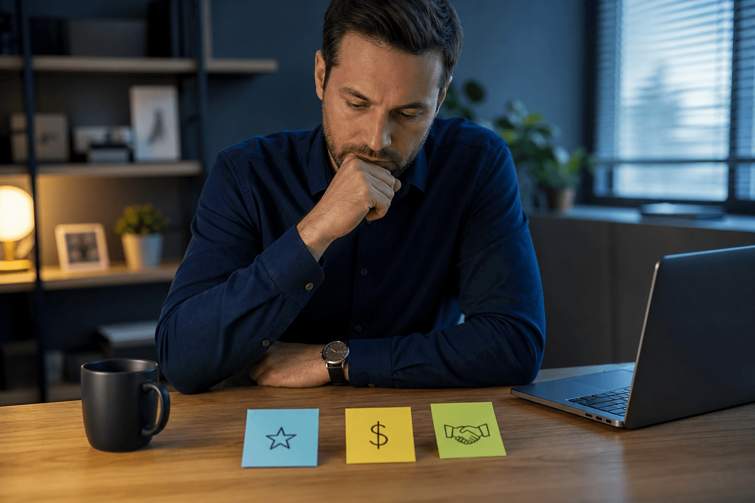 The image shows a man sitting at a desk in a dimly lit office environment, thoughtfully considering three colorful Post-it notes placed in front of him. Each note features a different icon: a star on the blue note, a dollar sign on the yellow note, and a handshake on the green note, symbolizing goals, financial considerations, and partnerships or agreements respectively. The man is dressed in a dark blue shirt and appears focused, suggesting he is strategizing or prioritizing business objectives. On the desk, there is also a closed laptop and a black coffee mug, indicating a work setting. The background includes shelves with framed pictures and plants, contributing to a professional yet relaxed ambiance. This image can be used to represent decision-making, business planning, or strategic thinking in professional knowledge bases or presentations.