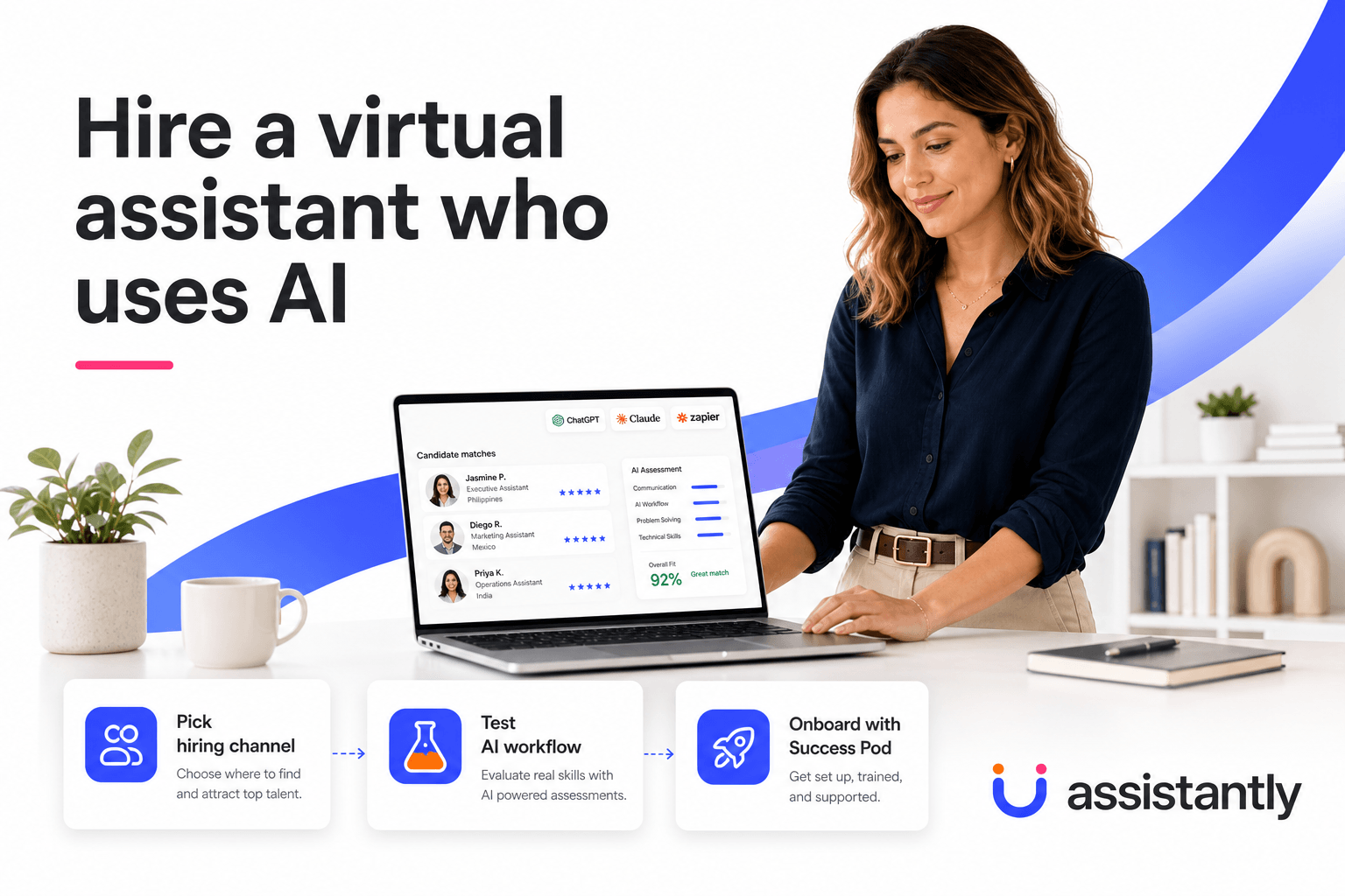 Hire a virtual assistant who uses AI hero graphic showing entrepreneur reviewing AI-trained VA candidates