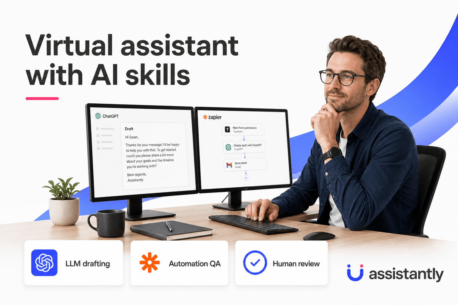 Virtual assistant with AI skills hero graphic showing professional at desk with ChatGPT and Zapier workflow screens