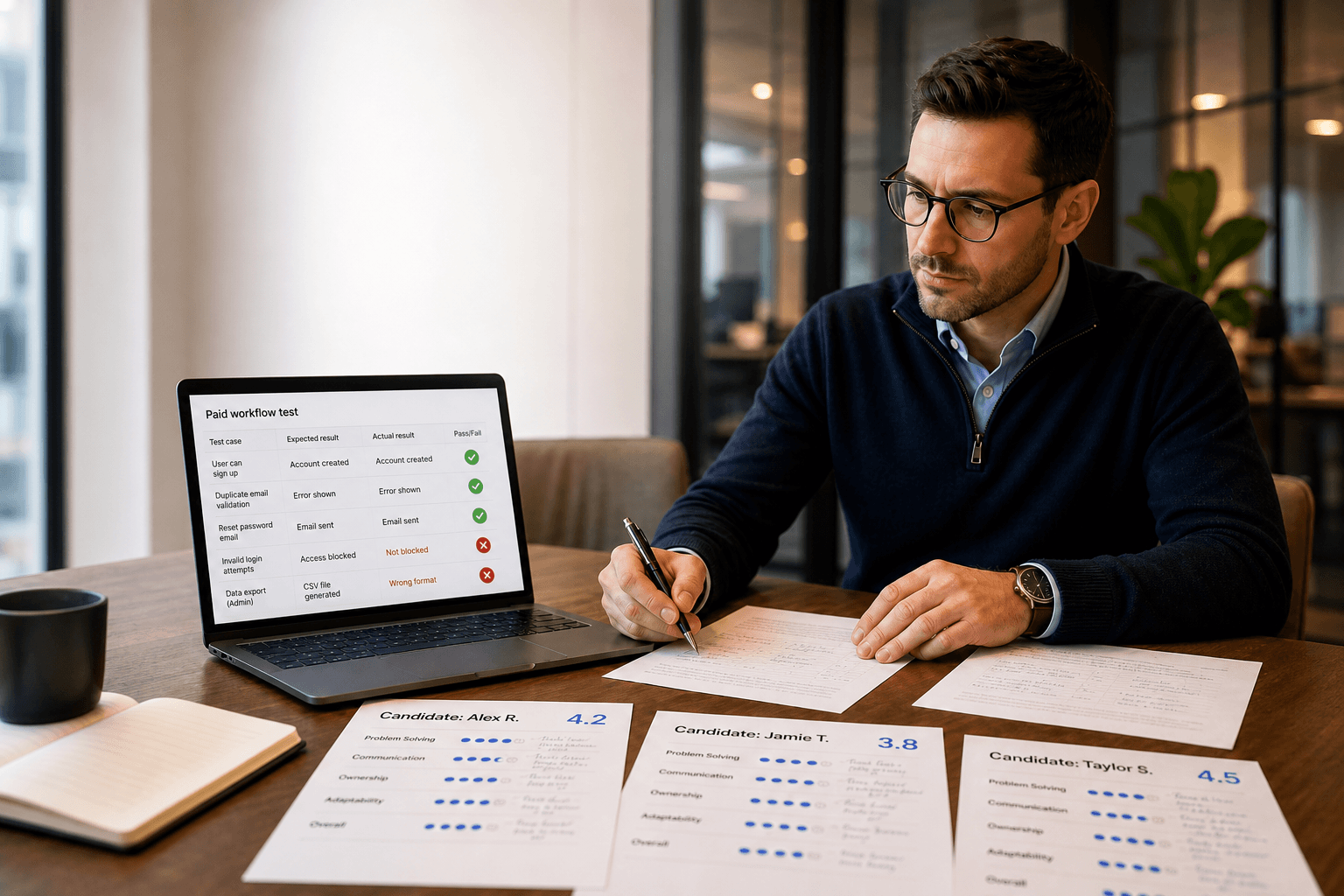 Hiring manager reviewing paid AI fluency workflow test scorecards