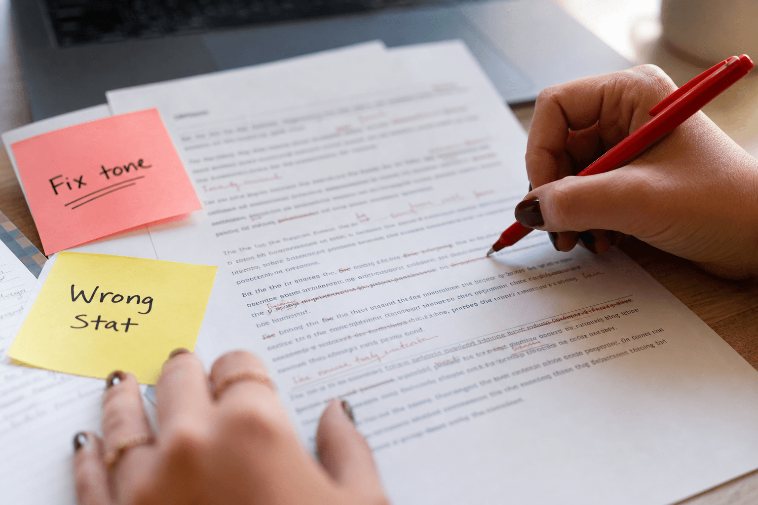 Virtual assistant marking corrections on a printed AI-generated client email before send