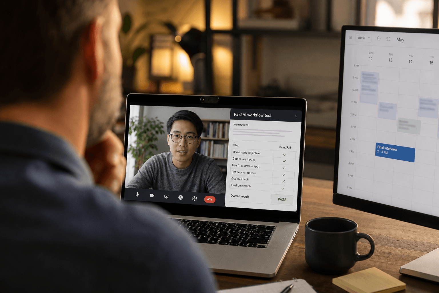 Hiring manager conducting AI era virtual assistant interview with paid workflow test on screen