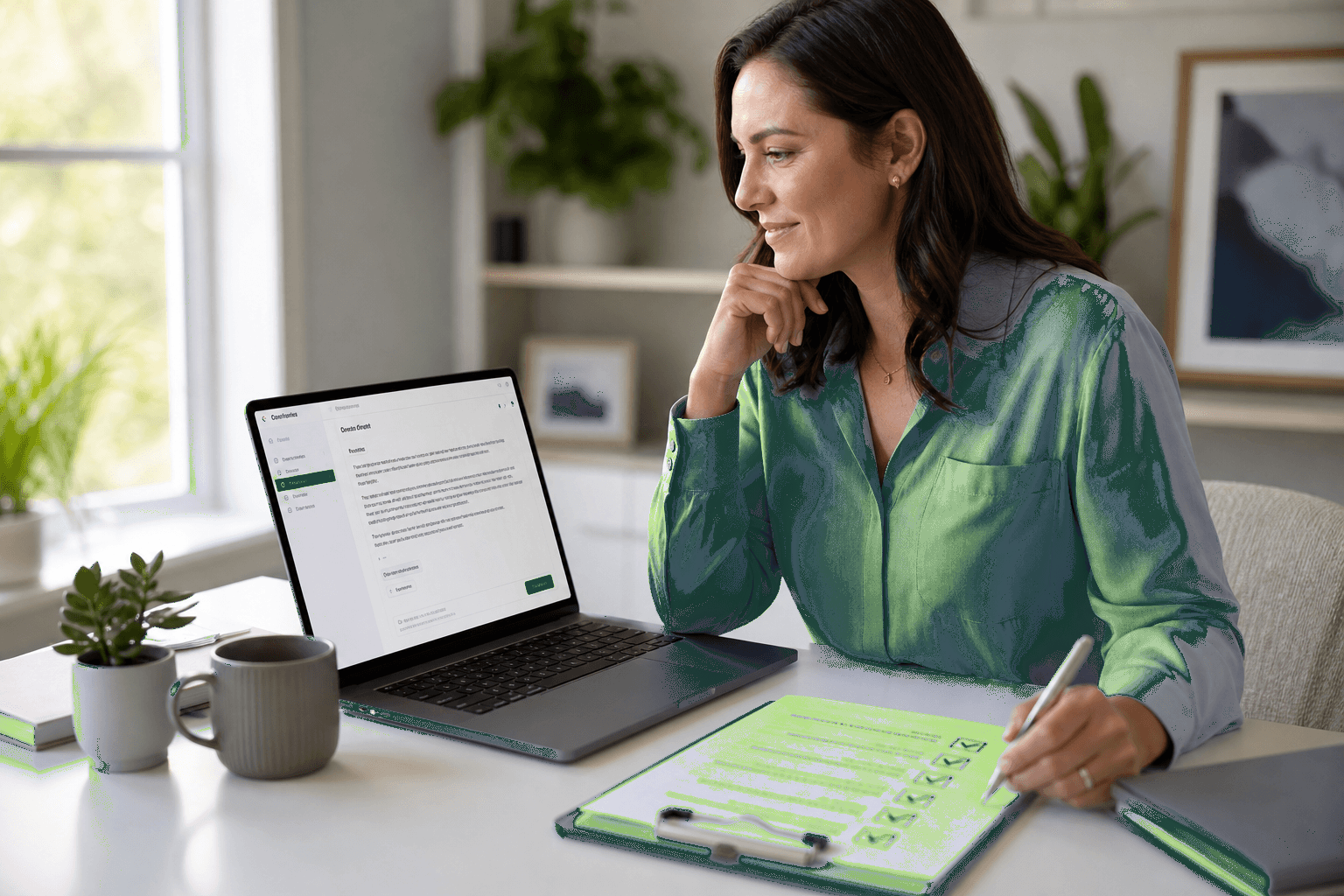 AI-enhanced human virtual assistant reviewing AI draft with human QA checklist before send