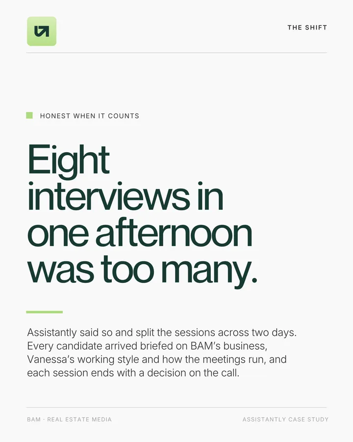 Honest when it counts: eight interviews in one afternoon was too many, so Assistantly split the sessions across two days